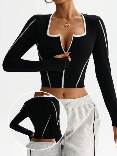 Dewbera 1 件女式无缝前拉链撞色条纹瑜伽健身锻炼跑步拇指孔长袖运动夹克