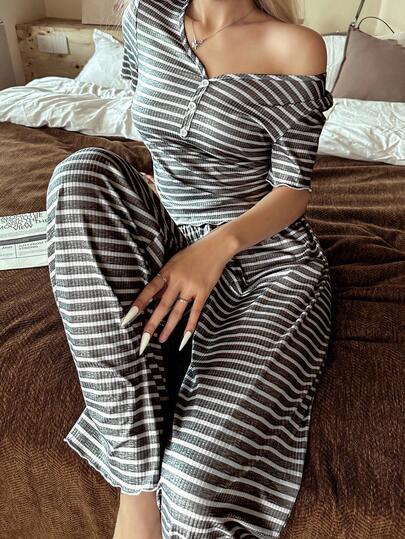 SHEIN Women's V-Neck Button Decor Knit Casual Striped Print Pajama Set Women Pajama Set Striped Pajama Set Striped Lounge Set Two Pieces Sleepwear Set Two Pieces Pajama Set