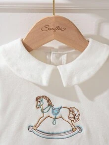 Souflis Souflis Autumn/Winter Baby/Baby Boy2-Piece Set, Double-Sided Fleece Soft Fabric, Collar Embroidered Horse T-Shirt + Pants, Casual Minimalist Everyday Wear Fall - White - View 7