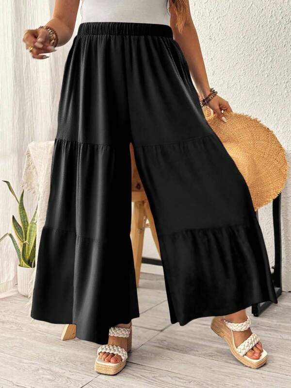 EMERY ROSE Plus Size Women's Solid Color Simple Loose Wide Leg Pants For Daily Wear Fall Cloth For Women