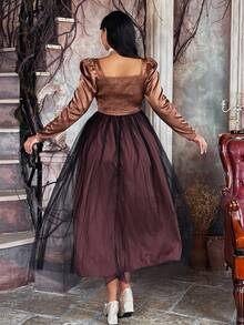Flirla Minimalist Contrast Color Patchwork Long Sleeve Cinched Waist Fitted Maxi Puff Dress - Brown - View 2