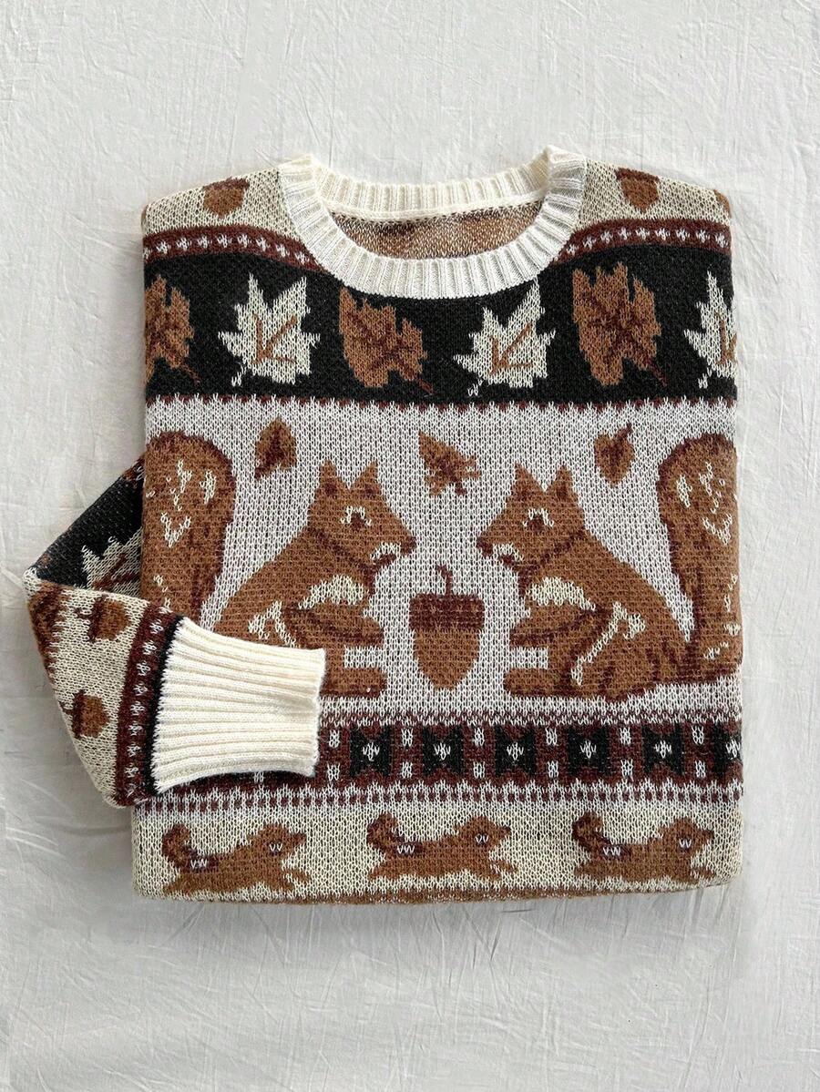 Franclia Sweater Lengan Panjang Leher Bulat Motif Tupai Kasual Musim Gugur untuk Wanita, Musim Gugur - Hitam - View 1