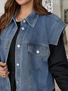 SHEIN CURVE+ 大码女式拼色长款牛仔夹克 - 黑色 - 查看 6