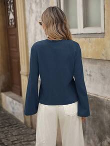 Brillora Camisa holgada de manga larga con vuelo y ajuste regular de unicolor tejida para mujer, ideal para vacaciones