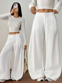 SHEIN PETITE Quần ống rộng đơn giản, túi cài nút màu trơn dành cho nữ - trắng - Xem 1