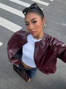 Muchica Autumn/Winter Burgundy PU Leather Round Neck Loose Short Jacket For Going Out Outfits, Back To School, Streetwear, Y2K Clothes - Burgundy - View 3