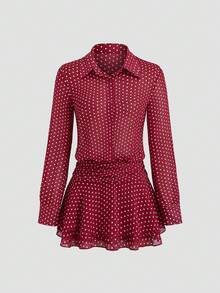 Sweetra 女式新款优雅波尔卡圆点褶饰多层下摆纽扣长袖衬衫裙 - 紅色 - 查看 1