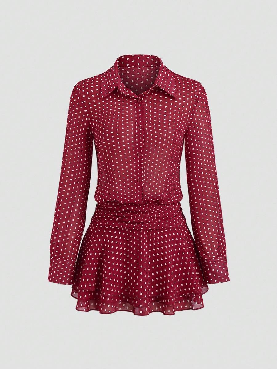 Sweetra 女式新款优雅波尔卡圆点褶饰多层下摆纽扣长袖衬衫裙 - 紅色 - 查看 1