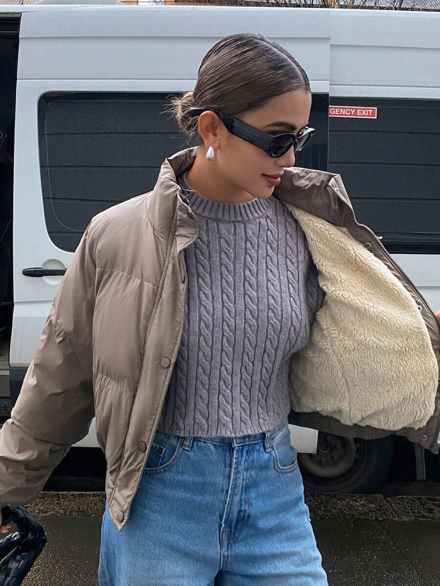 DAZY 女式立领短款毛绒内衬休闲街头风格棉服外套冬季夹克 - 棕色 - 查看 1