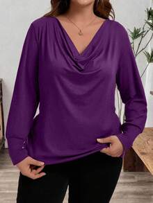 SHEIN Clasi Áo thun cổ tròn tay dài màu trơn thanh lịch cỡ lớn dành cho nữ - Màu tím - Xem 7