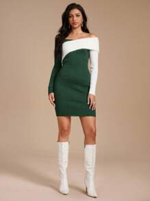 Chiquease 1 Peça Vestido Longo Elegante de Natal Colorbloco Sólido com Manga Longa Ombro à Mostra Fofo para Mulheres - Verde Escuro - Visão 5