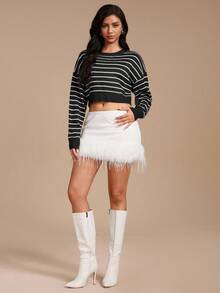 Chiquease Striped Loose Knit Short Sweater For Women Knit Pullover Fall Winter Outfit