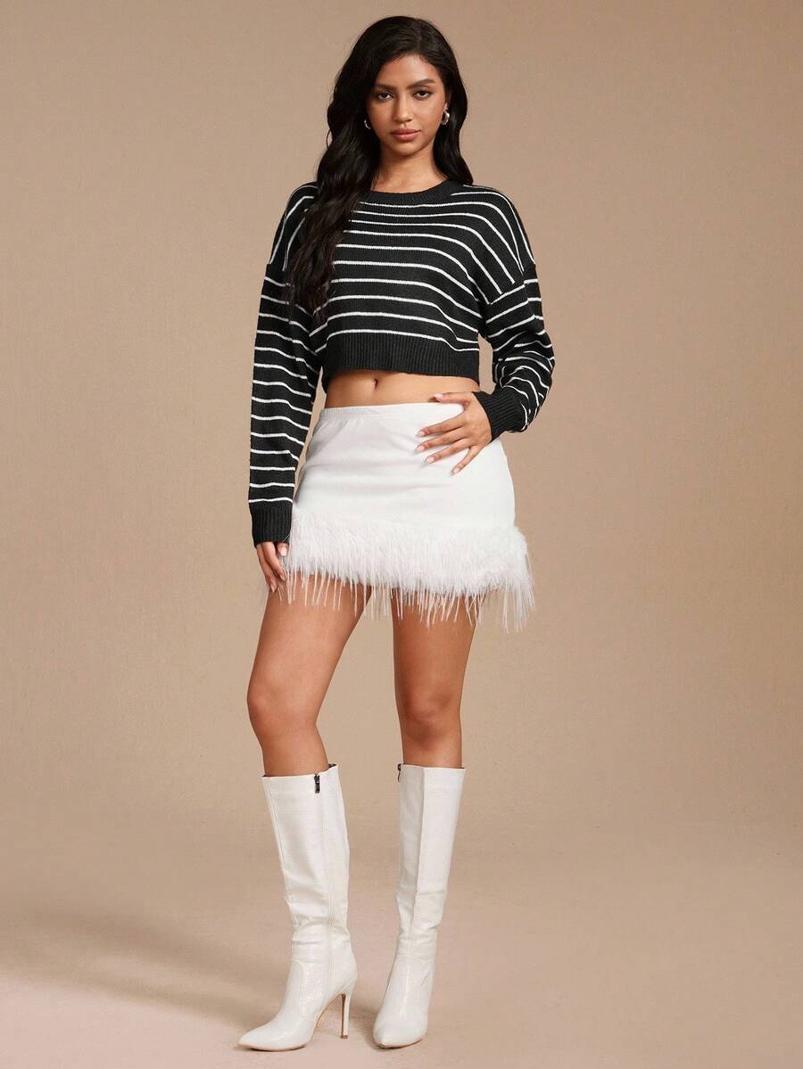 Chiquease Striped Loose Knit Short Sweater For Women Knit Pullover Fall Winter Outfit