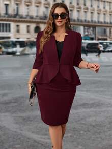 SHEIN Clasi Plus Size Fitted Suit Set In Fall/Winter - Burgundy - View 4