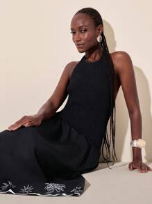 CAJUNI Women's Boho Colorful Print Vacation Casual Beach Elastic Waist Long Dress With Ruffled Hem And Hollow-Out Pattern