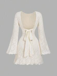 SHEIN MOD Đầm ngắn thời trang hở lưng cổ tròn tay loe buộc dây ren gợi cảm cho nữ - Màu be - Xem 5