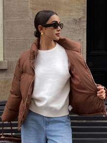 DAZY Solid Color Loose Cropped Zip Pocket Padded Thick Padded Coat For Women Winter Jacket