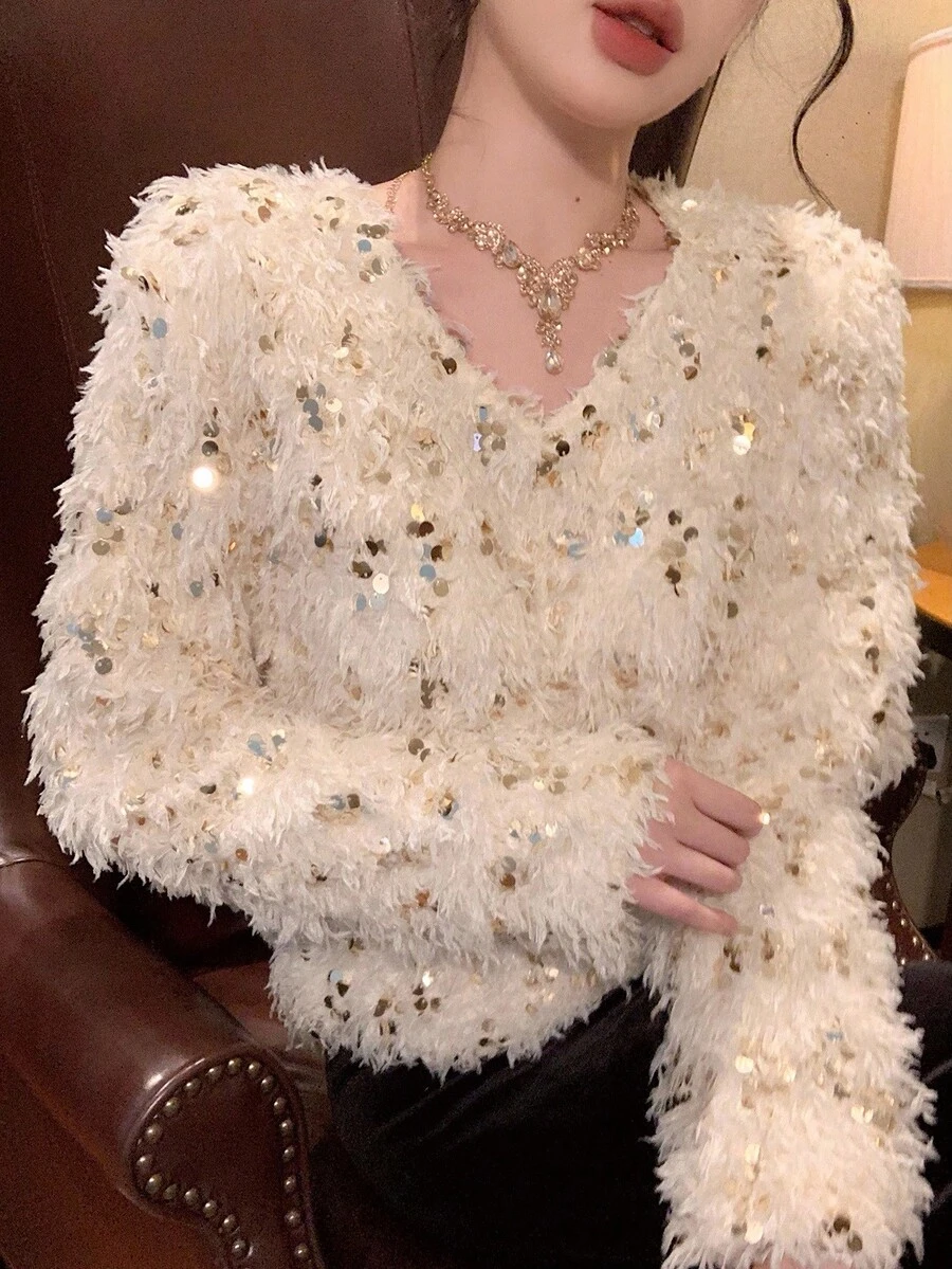 DAZY 亮片装饰宽松长袖上衣，独特设计，适合秋冬季 - 杏色 - 查看 1