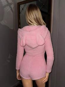 Sweetina 女士蓬松粉色3D耳朵拉链连体裤，秋冬 - 粉色 - 查看 2