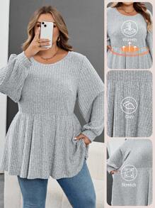SHEIN CURVE+ Große Größen Lässig einfarbiges Laternenhülse T-Shirt, Herbst/Winter Kleidung für Frauen, CURVE PLUS - Grau - Übersicht 1