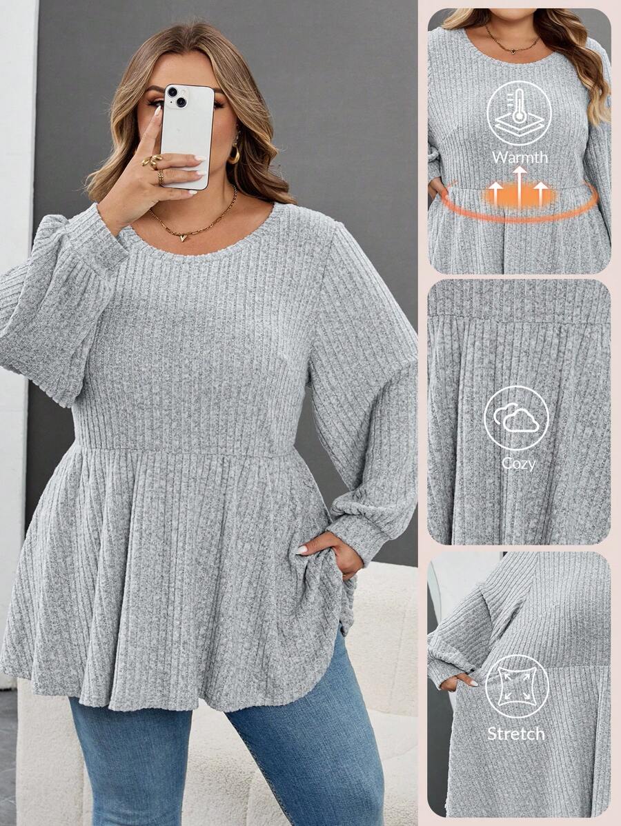 SHEIN CURVE+ Große Größen Lässig einfarbiges Laternenhülse T-Shirt, Herbst/Winter Kleidung für Frauen, CURVE PLUS - Grau - Übersicht 1