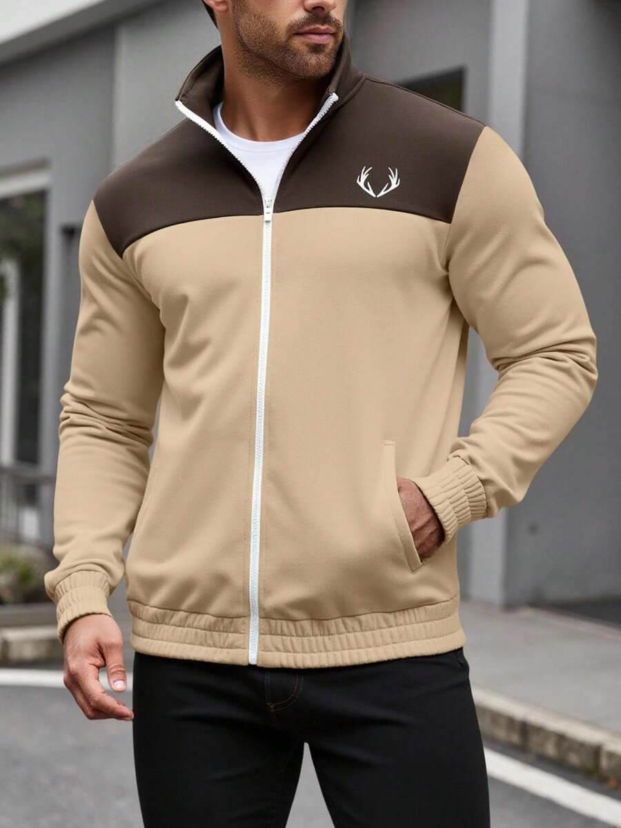 Manfinity Homme 秋季大码男士鹿角印花撞色拉链连帽衫 - 卡其色 - 查看 1