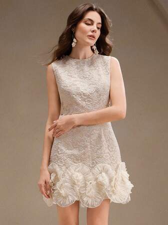 Anewsta ชุดเดรสสั้นทรงเอ แขนกุด คอกลม แต่งระบายชายผ้าลายดอกไม้ เนื้อผ้าพื้นผิวสวยหรู โรแมนติก สำหรับผู้หญิง, ชุดฮาโลวีน, ชุดปาร์ตี้ปีใหม่