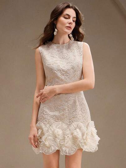 Anewsta Women's Elegant Romantic Floral Pattern Textured Fabric Hem Ruffle Trim Round Neck Sleeveless A-Line Short Dress, Halloween Costume, New Year Party Dress