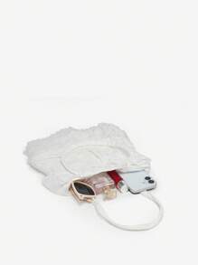 ROMWE Kawaii 女士复古度假风格网眼褶边蝴蝶结大容量托特包，女士可爱蝴蝶结包，白色