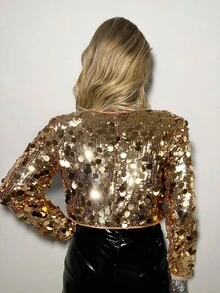 SHEIN ICON Women's Fashion Party Gold Sequin Cropped Jacket In Fall/Winter - Gold - View 2