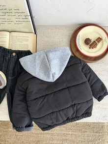 SHEIN Young Boys' Casual Thick Contrast Color Hooded Jacket, Comfortable & Versatile For Back To School, Autumn/Winter Fall