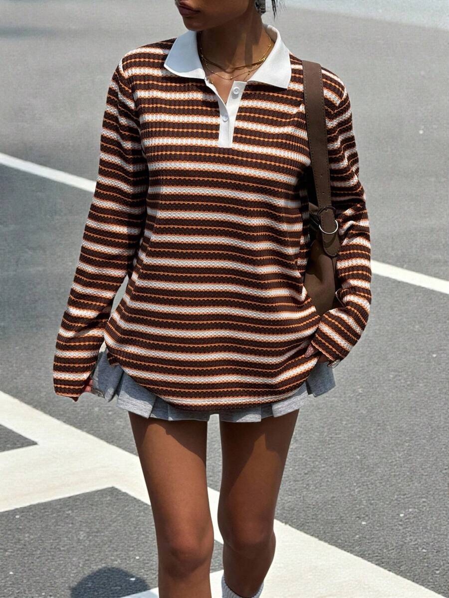 SHEIN EZwear 女式休闲条纹 Polo 领长袖针织 T 恤