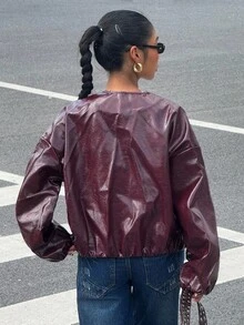 Muchica Autumn/Winter Burgundy PU Leather Round Neck Loose Short Jacket For Going Out Outfits, Back To School, Streetwear, Y2K Clothes - Burgundy - View 2