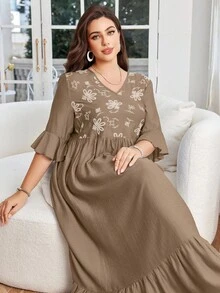 Lacomfia فستان أنيق بياقة على شكل حرف V بدون أكمام، مزخرف بطبعات زهرية فاخرة، متعدد الطبقات، مناسب للمقاسات الكبيرة