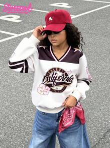 SHEIN Explorewe Tween Girl Loose Fit V-Neck Digital Print Drop Shoulder Long Sleeve Sweatshirt - Multicolor - View 1