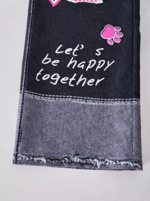 SHEIN Explorewe Pantalon large à imprimé slogan de dessin animé en couleur contrastée pour préadolescentes - Noir - Voir 8