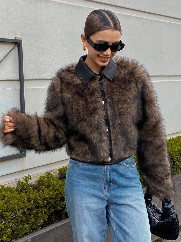 Women's Casual Loose Fit Elegant Minimalist Short Faux Fur Coat, Color Block Design, Suitable For Autumn & Winter Jacket