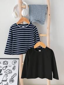 SHEIN 3 件套黑白条纹纯色圆领长袖套头衫，柔软舒适，百搭休闲装，适合男婴和女婴，适合春秋季节 - 彩色 - 查看 6
