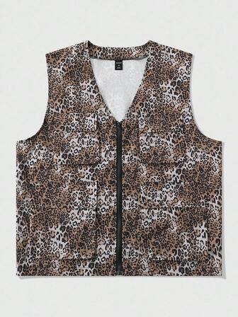 Street Life Chaleco casual con cremallera y estampado de leopardo para hombre, otoño