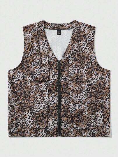 Street Life Gilet casual da uomo con chiusura lampo e stampa leopardata, autunnale