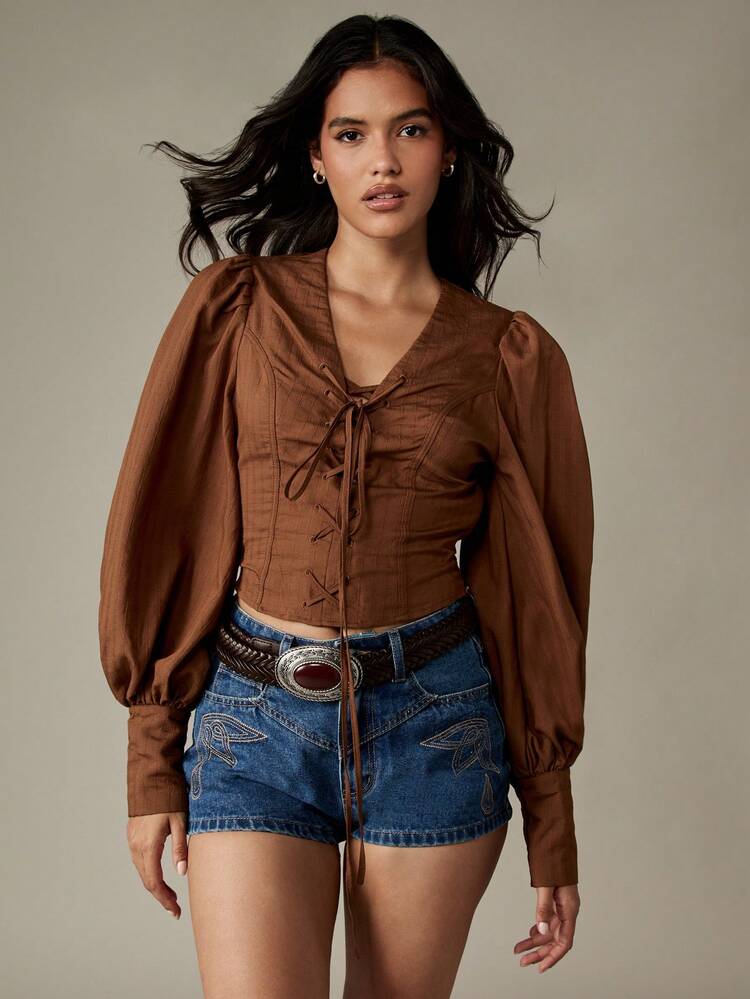 MISSGUIDED Blusa con corpetto stile vittoriano, maniche a sbuffo, allacciatura frontale in pizzo, stile rinascimentale medievale, autunnale, stile cottage core, prairie, manica lunga, scollo quadrato, bustier corto