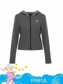 SHEIN X Care Bears FRIFUL Women's Striped Bear Pattern Zip-Up Hooded Long Sleeve T-Shirt - Grey - View 11