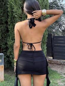 Ronhire Vestido negro mini con escote halter y espalda descubierta, estilo western veraniega para vacaciones para mujer - Negro - Ver 2