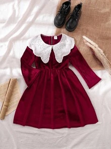 SHEIN Elladie kids Young Girls' Burgundy Velvet Dress, Autumn Christening Elegant Nancy Red Christmas Dress Featuring White Lace Trim Collar, Soft Lustrous Kids - Burgundy - View 7