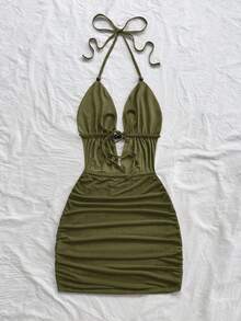 Soleia Váy ngắn hở lưng buộc dây cổ chữ V sâu gợi cảm dành cho nữ, dáng ôm sát, thích hợp cho tiệc tùng, hẹn hò, trà chiều, kỳ nghỉ hè trên bãi biển gợi cảm và thời trang - Màu xanh Ô liu - Xem 2