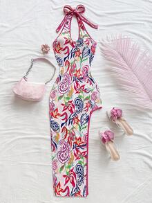 Soleia 女士度假彩色佩斯利印花不对称下摆挂脖蝴蝶结修身迷你连衣裙，不对称下摆开衩长裙，时尚派对、约会、音乐节、狂欢节、海滩 - 彩色 - 查看 3