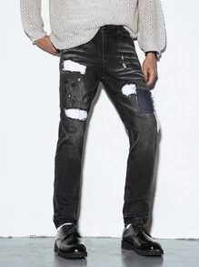 Manfinity EMRG Men's Casual Washed Distressed Patch Denim Jeans - Dark Grey - View 6
