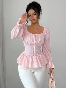 Elenzga New Women's Square Collar Long Sleeve Woven Jacquard Fabric Chest Pleated Front Bowknot Design Ruffle Hem Cinched Waist Elegant Casual Blouse, Spring/Autumn Fall Cloth For Women - Pink - View 6