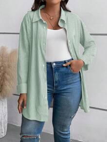 Rusticease Plus Size Long Sleeve Casual Striped Shirt,Fall Women Clothes Green - Dark Green - View 3