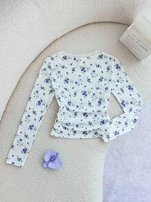 Tween Girl Casual Vacation Home Knit Ribbed Small Ditsy Floral Pattern U-Neck Lace Ruffle Drawstring Fitted Long Sleeve Cropped T-Shirt, Suitable For All Seasons, Girls Floral Tee Kids Summer Floral Top Big Girl Long Sleeve Floral Top Girls Floral Top Girls Flower Top Tween Flower Top Long Sleeve Tops For Teen Girls Tween Tops Flower Floral Top Long Sleeve Fall Winter - Blue and White - View 2